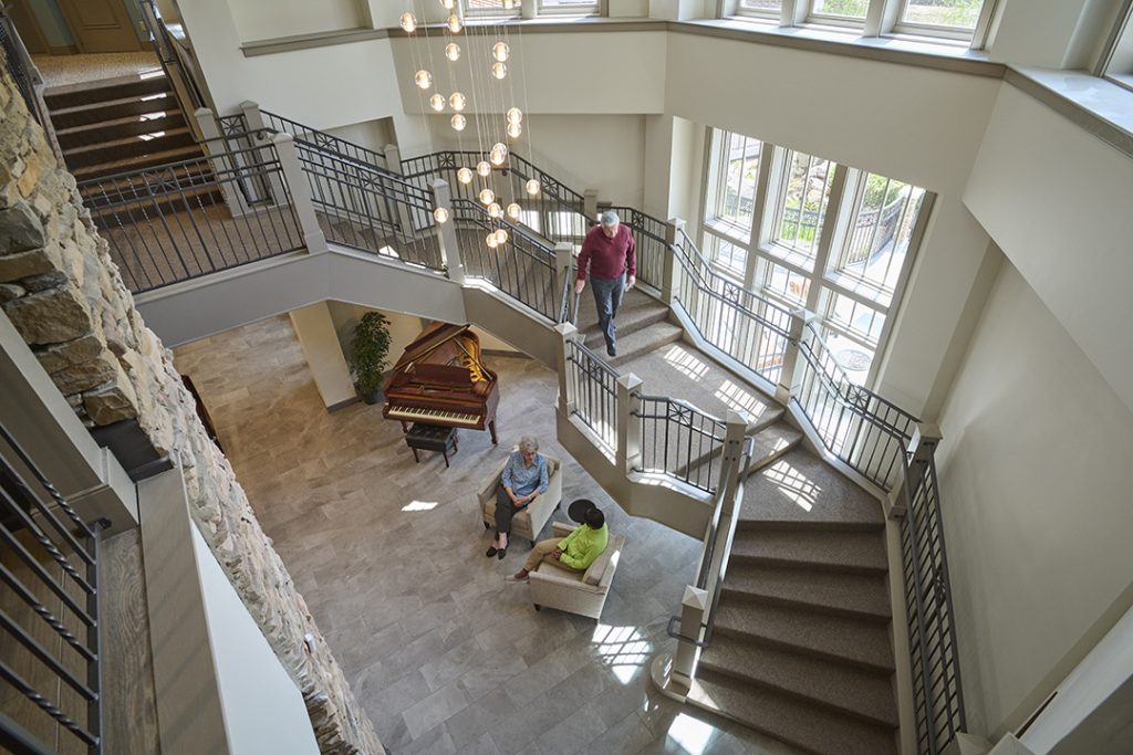 The multi-story grand staircase was refreshed with new finishes and now features a dramatic lighting installation