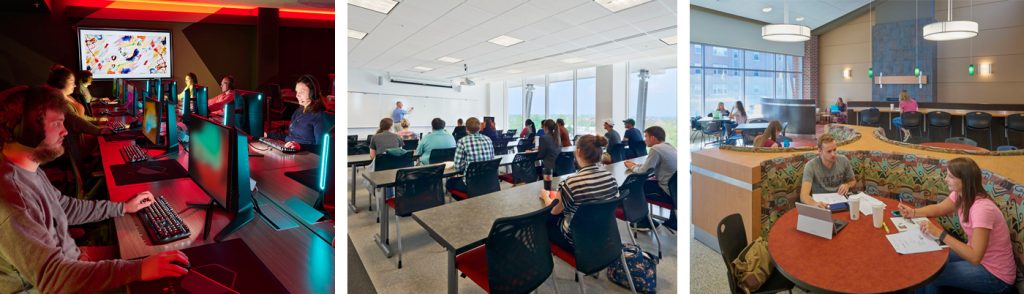 photo of three higher education spaces: esports, classroom, casual dining area