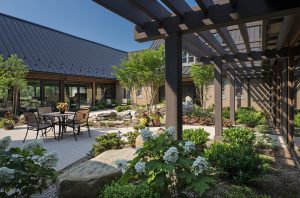 Courtyard at RLPS with trellis and pond