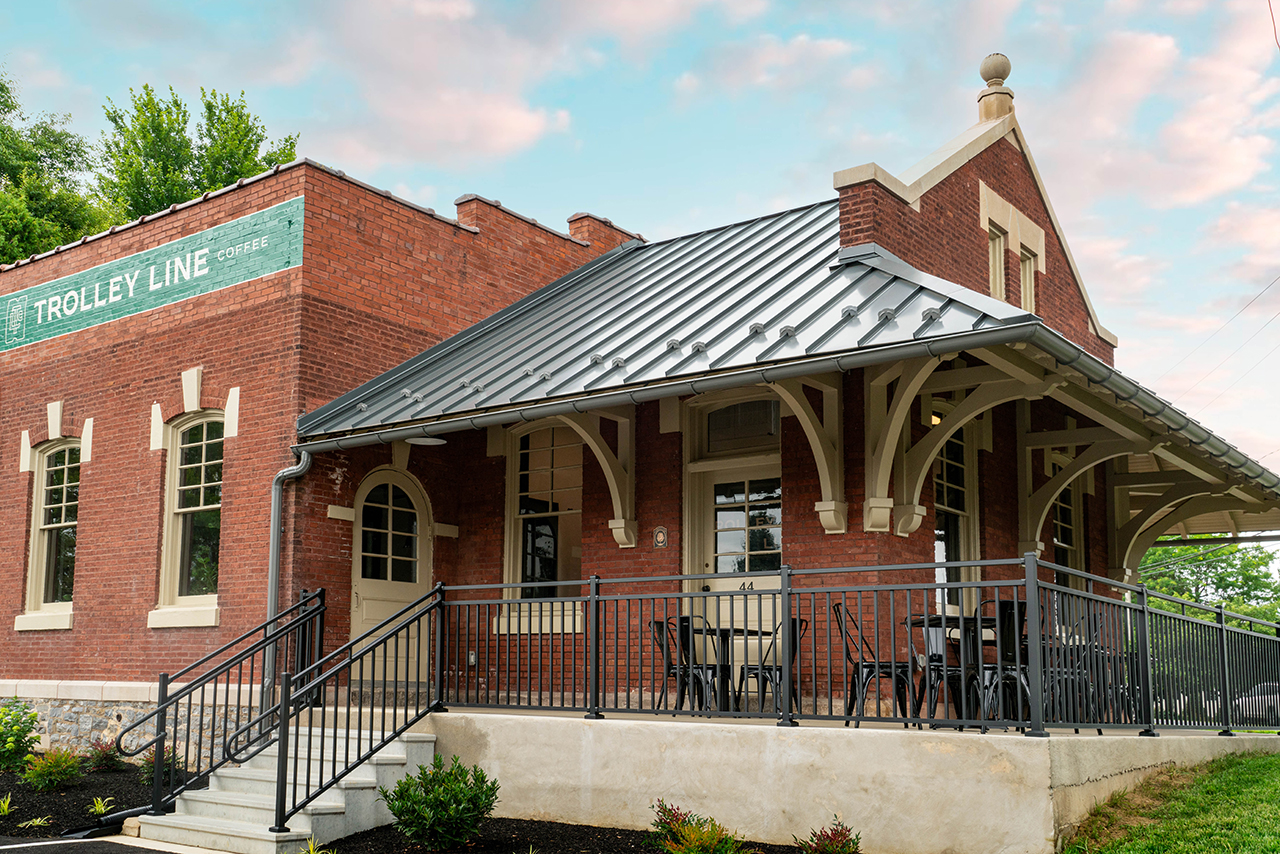 Exterior of Trolley Line Coffee after renovations