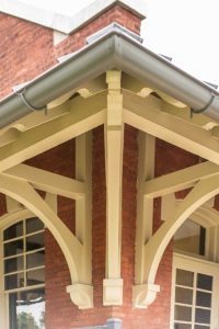 Wood bracket detail on historic trolley station that had received two design awards