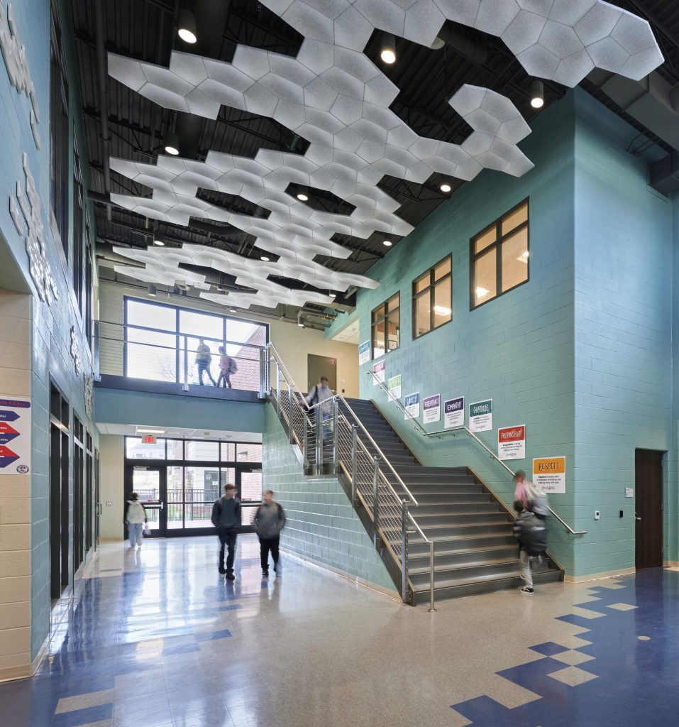 Intermediate school entry featuring biophilic design with acoustic ceiling tiles resembling a cloud