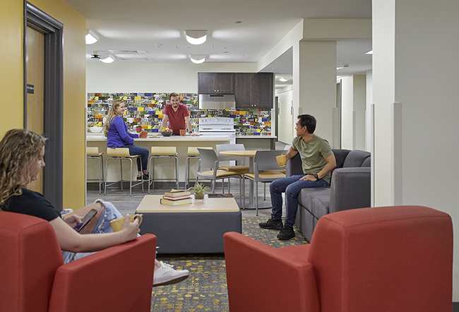 University residence hall lounge and kitchen