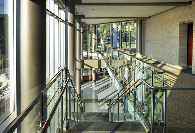 Windowed lobby of a university building